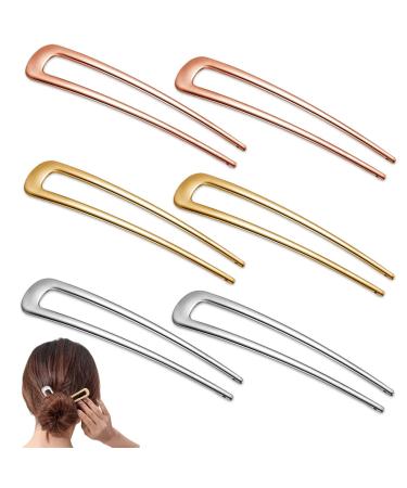 6 Pieces Metal U Shaped Hair Pins French Hairpin Vintage Forks Sticks Bobby Pin Kit for Updo Bun Women Girls Hairstyle Hair Accessories (Gold  Silver  Rose Gold) Silver  Gold  Rose Gold