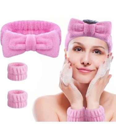 AOMIG Spa Headbands for Women - Fluffy Elastic Bowknot Hair Bands Set with Wrist Straps - Pink - Buy Online on GoSupps.com
