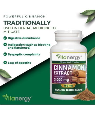 Vitanergy Super Strength Cinnamon Extract Healthy Blood Sugar Level Cardiovascular Support 150mg Ultra 20:1 Extract Rate (from 3000mg Dry Cinnamon) - 60 Capsules Supplement - One Capsule per Day-Made in Canada - Buy Online on GoSupps.com