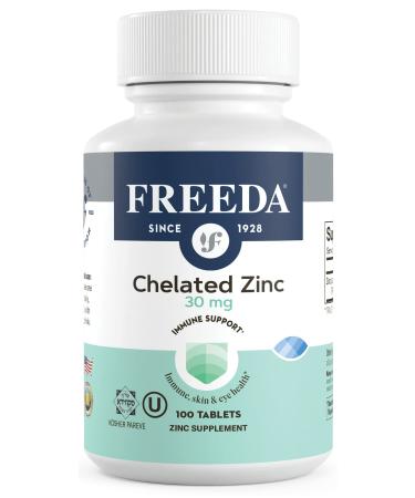 Freeda Chelated Zinc Supplement - Kosher 30 mg Zinc Chelate Zinc Tablets as Albion TRAACS Zinc Bisglycinate - Zinc Chelated for Adults - Pure Zinc 30mg - Zinc for Men & Women - (100 Tiny Tablets)