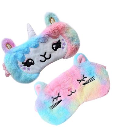 2 Pack Cute Animal Unicorn Cat Sleep Mask for Girls Cute Unicorn Horn Soft Plush Blindfold Sleep Masks Eye Cover for Women Girls Travel Nap Night Sleeping