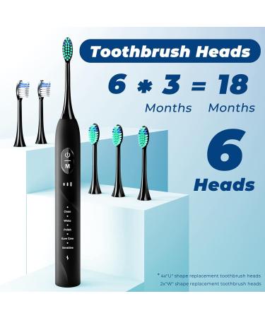 Rechargeable Electric Toothbrush with 6 Replacement Heads | 5 Modes, Timer Reminder | Travel-Friendly | Black - Buy Online on GoSupps.com
