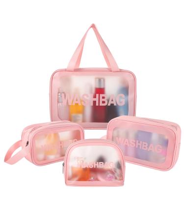 4 Pcs Clear Toiletry Bag Waterproof Clear Plastic Cosmetic Makeup Bags Transparent Travel Wash Bag for Women and Girls (Pink)