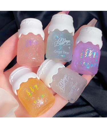Fruit Flavored Lip Gloss Pearlised Lip Balm Clear Lip Gloss Glow Recipe & Long Lasting Hydrating Tinted Lip Pearlescent Plumping Lip Oil Cute Mini Lip Gloss Kit Lip Care for Women and Girls 5 Colors