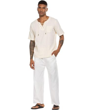 COOFANDY Men's Linen Beach Pants - Lightweight & Casual Elastic Waist Yoga Pants in White - Buy Online on GoSupps.com