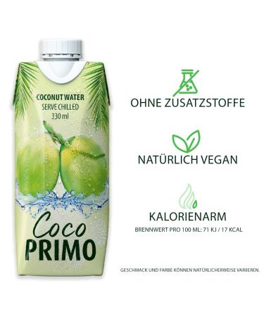 Coco Primo Coconut Water | Pure & Refreshing Sports Drink | Low-Calorie Vegan Thirst Quencher | 12 x 330ml Pack - Buy Online on GoSupps.com