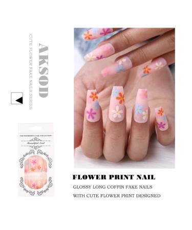 Colorful Matte Long Coffin Press on Nails - Pink Flower Design 24Pcs for Women and Girls - Buy Online on GoSupps.com