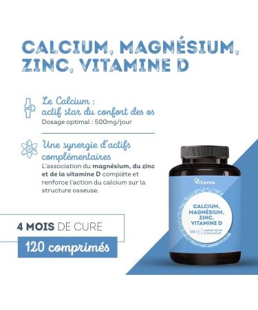 Calcium Magnesium Zinc Vitamin D3 | Bone and Muscle Comfort | Bone Health Energy & Immunity Complex | 120 Tablets | With Copper Manganese Selenium | Made in France | Vitavea - Buy Online on GoSupps.com