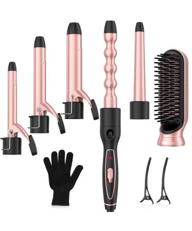 Curling Iron Set  Professional 6 in 1 Curling Wand with Hair Straightener Brush  Dual Voltage Hair Curler Wave Wand with Ceramic Barrel  Instant Heating Hair Styling Tools - Heat Resistant Gloves Rose Gold