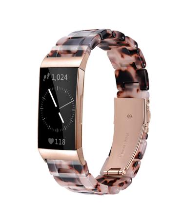 Ayeger Resin Band Compatible with Fitbit Charge 4,Charge 3/3 SE,Women Men Resin Accessory Rose Gold Buckle Band Wristband Strap Blacelet(Ivory Tortoise)