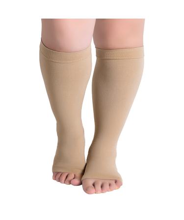 Hotfiary plus size compression stockings for women and men size S up to 7xl 20-30 mmHg wide calf compression stockings 1 pair of open knee high ankle stockings shin and calf sockets beige S