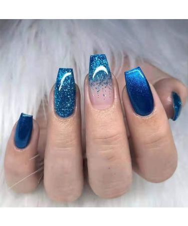 Bodiy Coffin Press on Nails Blue Ombre Long Fake Nails Ballerina Full cover Bling Falses Nails for Women and Girls (Pieces of 24)