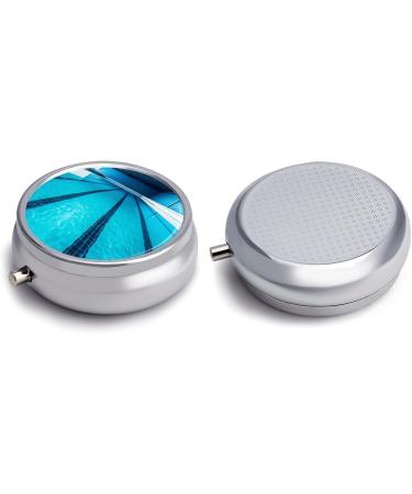 Round Blue Swimming Pool Print Pill Organizer - 3 Compartment Decorative Metal Pill Box for Travel - Buy Online on GoSupps.com