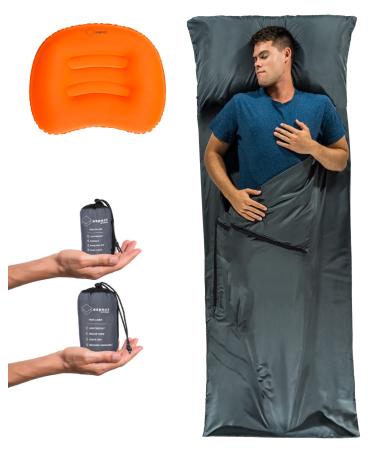 Aspect Outdoor Sleeping Bag Liner & Inflatable Pillow  Lightweight Breathable Sleeping Sack - Compact Travel Sheet for Adults & Ultralight Pillow for Comfortable Camping & Hotel Travel Grey, Orange