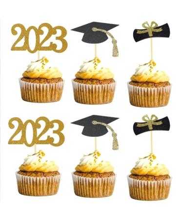 BOLAXHCA 48 Pieces 2023 Gold Graduation Cupcake Toppers Food Decoration/Graduation Cap Party/Mini Cake Decor Insert