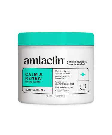 AmLactin Calm & Renew Body Butter - Therapeutic Skin Care Moisturizer for Sensitive Skin - No-Scrub Exfoliator and Body Cream for Dry Skin with Lactic Acid AHA and Soothing Ginger Root 11oz
