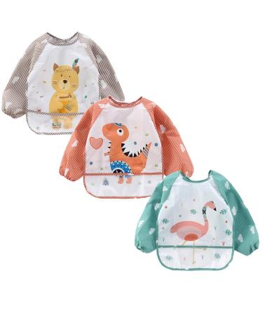 Yealoo 3pcs Waterproof Baby Bibs Sleeved Bibs Washable Bib Wetness Protection 6-36 Months 3pcs Set B