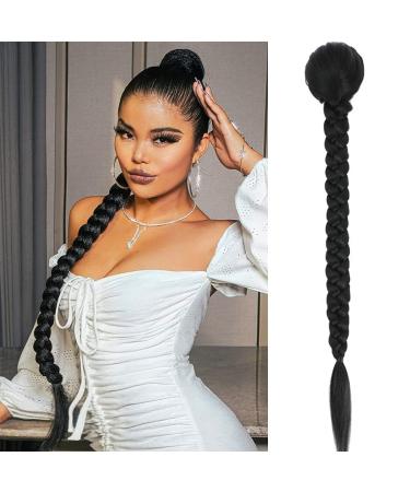 Braided Ponytail For Black Women 32 Inch Drawstring Ponytail Yaki Straight Clip On Ponytail Extension For Black Girls Synthetic Hair Pieces Natural Black 130G 32 Inch 1b