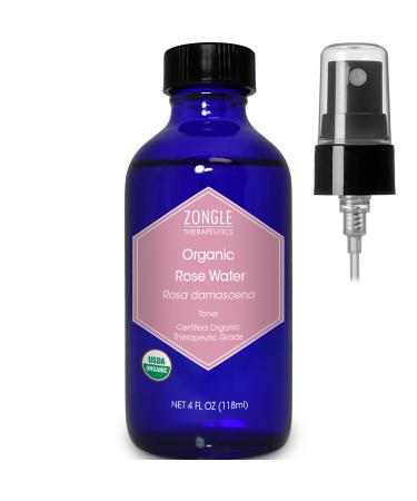 Organic Rose Water Spray by Zongle 100% Pure Natural Therapeutic Grade for Face Hair 4 Oz