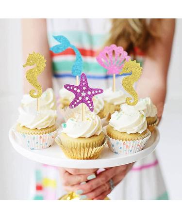 Morndew 24 PCS Glitter Starfish Shell Hippocampus Mermaid Tail Cupcake Toppers Ocean Theme Party Birthday Party Baby Shower Wedding Party Decoration - Buy Online on GoSupps.com