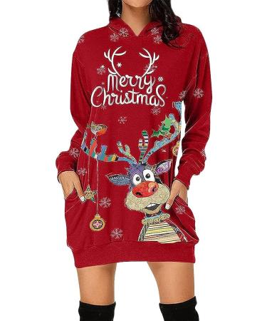 OUNAR Women's Ugly Christmas Sweater Dress - Snowflake Merry Xmas Mini Dress with Elk Hood - Red (Small) - Buy Online on GoSupps.com