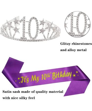 Happy 10th Birthday Tiara and Sash Set - Crystal Rhinestone Princess Crown & Purple Sash - Birthday Party Favor Supplies - Silver Crown - Size 010 - Buy Online on GoSupps.com