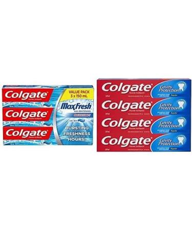 Colgate MaxFresh Whitening Fluoride Gel Toothpaste Cool Mint 150 Milliliters 3 Count + Colgate Cavity Protection Fluoride Toothpaste Regular 4 X 120 mL w/ Regular