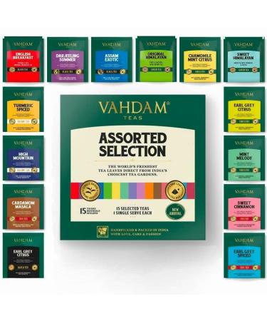 Vahdam tea trial set (15 flavors 15 tea bags) tea variety - black green oolong chai herbs tea |Tea range gifts for women & men