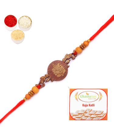 Ghasitaram Gifts Rakhi for Brother Rakhis Online- BW-5414 Wooden Ganesha Rakhi with 400 GMS of Kaju katli