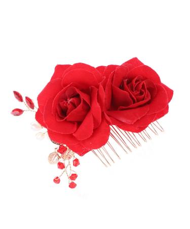 Angoily Flower Hair Comb Flower Hair Clip Flower Hair Accessories Garlands for Decor Floral Hair Clips for Women Bridal Hair Clip Tiara Rose Red Wedding Rhinestones Bride
