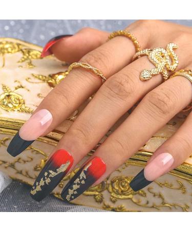 Sethexy long coffin nails stick red ballerina wrong fingernails false nail black nails with glue 24st acrylic art nail tips to press on for women and girls