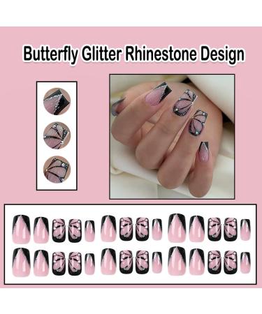 Buy Black Press on Nails - Short Medium Square French Tip with Butterfly Glitter & Rhinestones | 26 Piece Wedding Set - Acrylic Glue-On Nails for Women - Buy Online on GoSupps.com