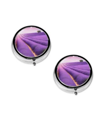 Romantic Purple Lavender Printed Mini Round Pill Box Pill Box 3 Compartment Medicine Pill Case Pill Organizer Travel Pillbox Portable Pill Box for Pocket Home Office Use
