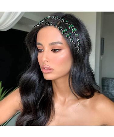 IYOU Crystal Wedding Headband Crown Sparkly Rhinestone Green Double Layer Headpiece Tiara Bridesmaid Guest Queen Hair Accessories for Women - Buy Online on GoSupps.com