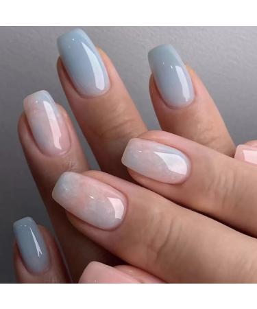 Justotry 24 pieces pink coffin nails to stick on medium sky bleu French press on nails ballerina artificial nails fake nails for nail art beautiful fingernails to stick on for women blue & coffee