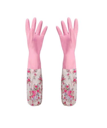 Flower Rubber Long Gloves Household Gloves Antiskid Washing Cleaning Gloves (Color : Pink)