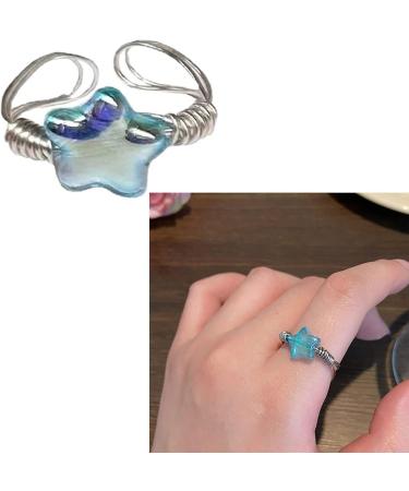 Sakeiou Harajuku Blauer Kristall Stern Pentagram Ring - Aesthetic Adjustable Women's Fashion Jewelry - Buy Online on GoSupps.com