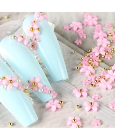 Dornail White Pink 3D Acrylic Flower Nail Charms with Pearl & Golden Caviar Beads - Nail Art DIY Decorations - Buy Online on GoSupps.com