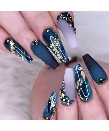 Blue Coffin Press on Nails with Gold Foil & Rhinestone Design - 24Pcs Medium Fake Nails for Women and Girls - Buy Online on GoSupps.com