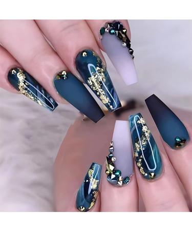 Blue Press on Nails Medium Fake Nails Press on Nails Coffin with Gold Foil & Rhinestone Design Glossy Glue on Nails Full Cover False Nails Acrylic Nails Stick on Nails for Women and Girls 24Pcs A8
