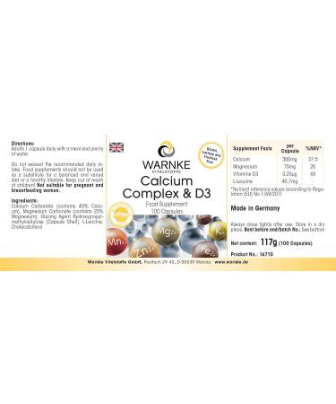 Calcium & Vitamin D Complex - with 300mg Calcium 75mg Magnesium & Vitamin D3 - Vegetarian - 100 capsules | Warnke Vitalstoffe - Quality from German pharmacies - Buy Online on GoSupps.com