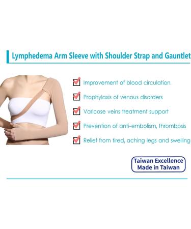 Lymphedema Arm Sleeve with Shoulder Strap & Gauntlet | Graduated Compression 20-30 mmHg | Blood Circulation Support for Swelling | Taiwan Excellence - Beige L - Buy Online on GoSupps.com