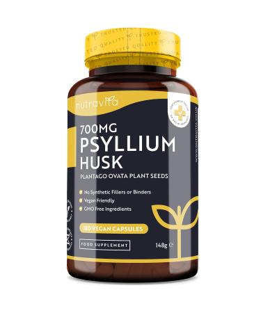 Psyllium Husks Fibre Supplement 1400mg per Serving Naturally High in Soluble Fibre 180 Vegan Capsules Supports Daily Rhythm 100% Pure Plantago Ovata Plant Seeds Made in The UK by Nutravita