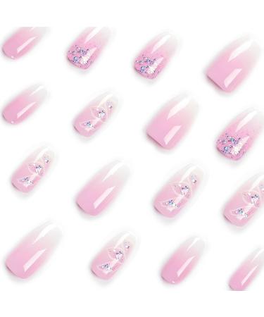 Pink White Glitter Coffin False Nails - 24Pcs Press on Nails for Women/Girls with Nail Glue - Gradient Glitter Nail Tips for Nail Art - Buy Online on GoSupps.com