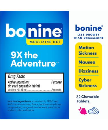 Bonine Non-Drowsy Motion Sickness Relief - Chewable Tablets (Meclizine HCL 25mg) for Nausea & Motion Sickness - Raspberry Flavor - 32 Tablets - Essential for Travel - Buy Online on GoSupps.com