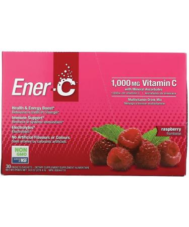 Ener-C Raspberry Electrolyte Multivitamin Drink Mix, 1000mg Vitamin C, Non-GMO, Vegan, Real Fruit Juice Powders, Natural Immunity Support, Gluten Free, 1-Pack of 30 Raspberry 30 Count (Pack of 1)