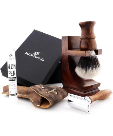 JAG Sustainable Shaving Razor Set - 4-Part Wooden Razor Synthetic Brush & Double Edge Blades - Eco-Friendly Leather Case - Buy Online on GoSupps.com