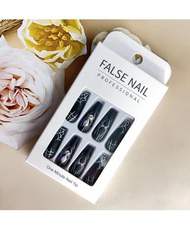 Black Spider Web Halloween Press On Nails - Full Cover Long Fake Nails for Women - 24 Pcs Glossy Halloween Glue On Nails - Buy Online on GoSupps.com