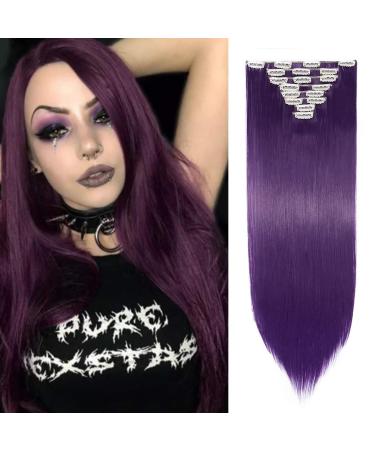 8pcs 26 Inch Clip in Hair Extensions Silky Straight Full Head Hair Pieces Synthetic Hair Extension Dark Purple Dark Purple 26 inch