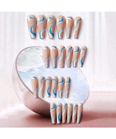 Bufenia Coffin Artificial Nails - Wavy Line Long Ballerina Style 24 Pieces Acrylic Press-On Nails for Women & Girls - Buy Online on GoSupps.com